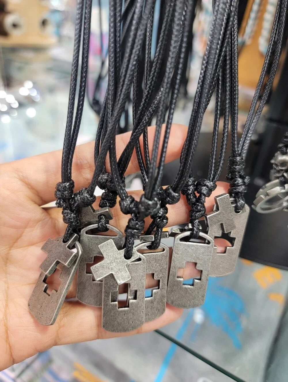 Men's Black Cord Necklace with Gunmetal Cross Tag